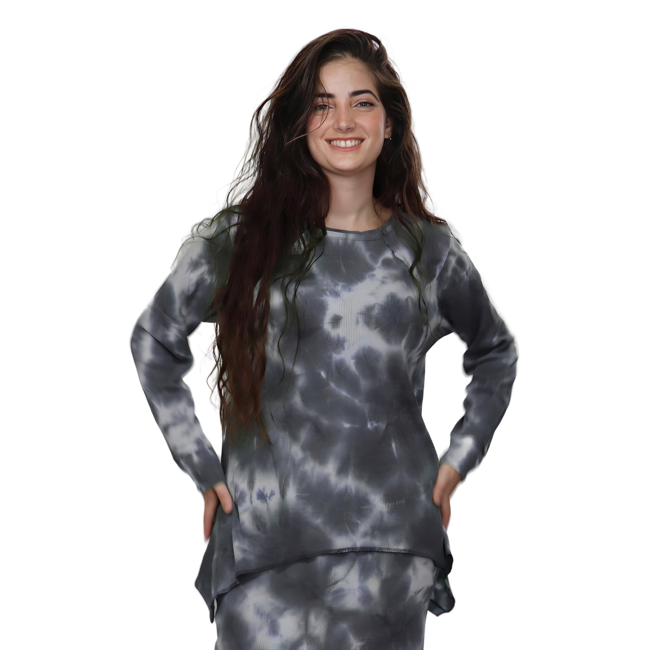 Plus Size Long Sleeve Relaxed Fit Tie-Dye Waffle Tunic