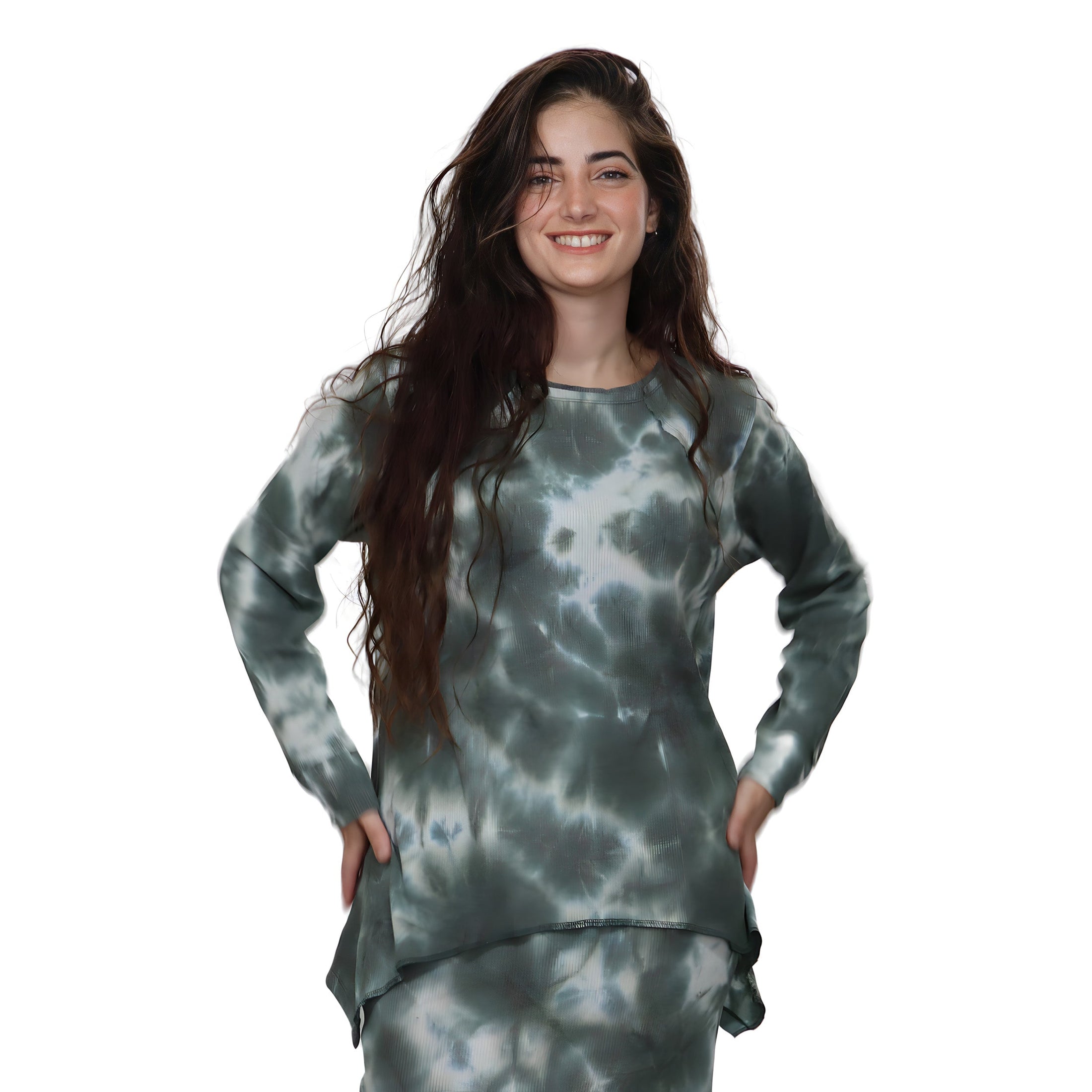 Plus Size Long Sleeve Relaxed Fit Tie-Dye Waffle Tunic