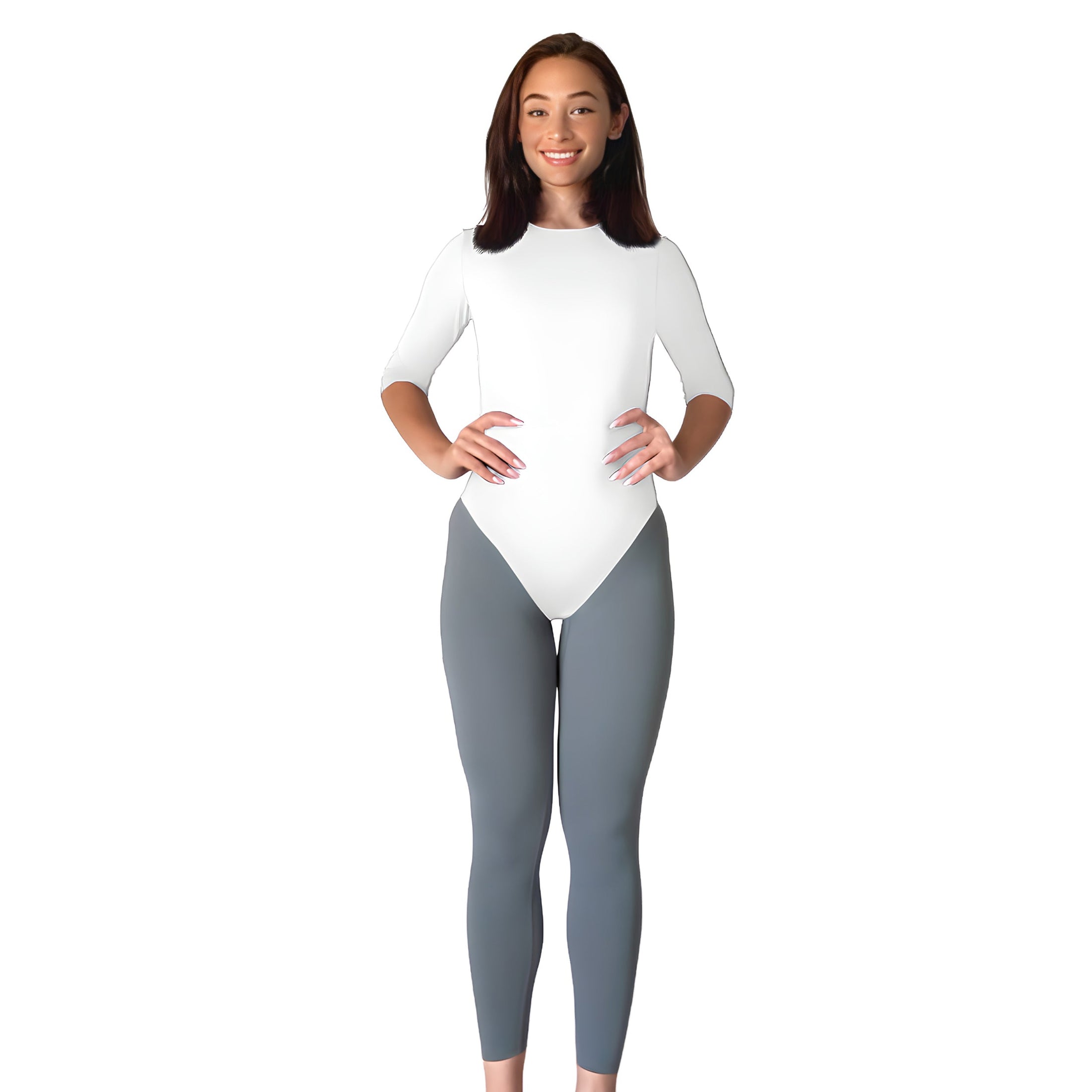 Modest 3/4 Sleeve High Neckline Bodysuit Shell - Snap Closure Layering Top
