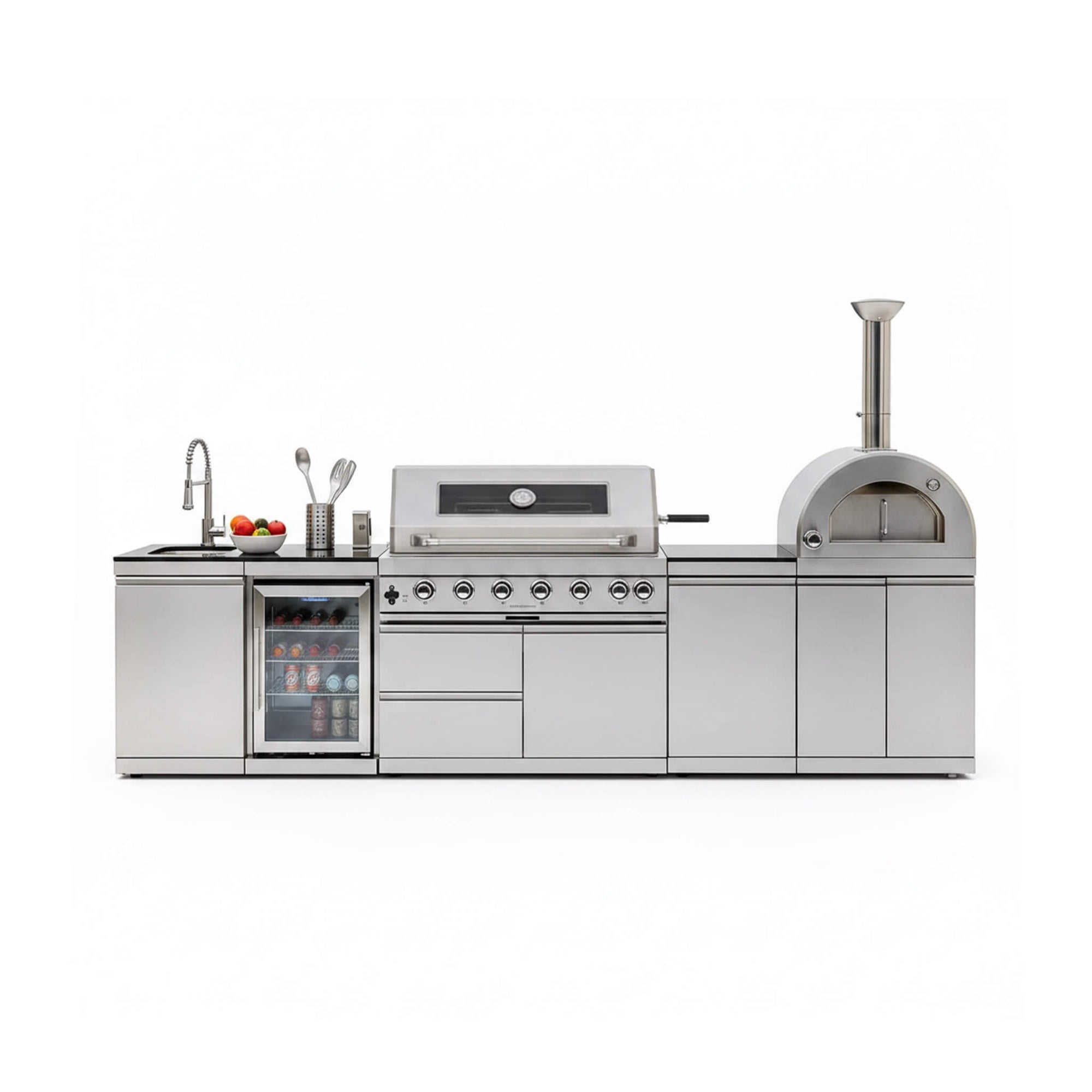 Blazon 128-Inch 6-Burner 120K BTU Outdoor Kitchen Island With Pizza Oven, Rotisserie & Refrigerator (SAK75770)
