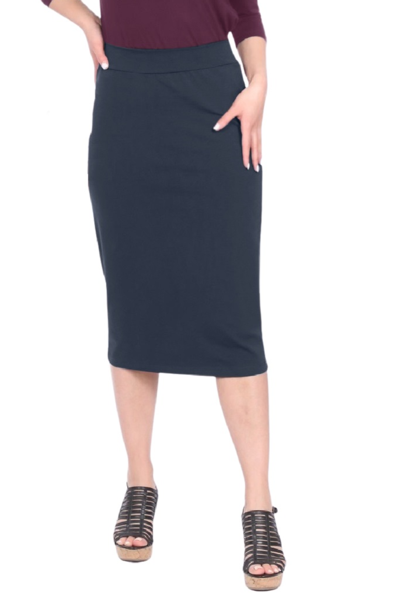 Plus Size Mid-Calf Pencil Skirt in Cotton Spandex