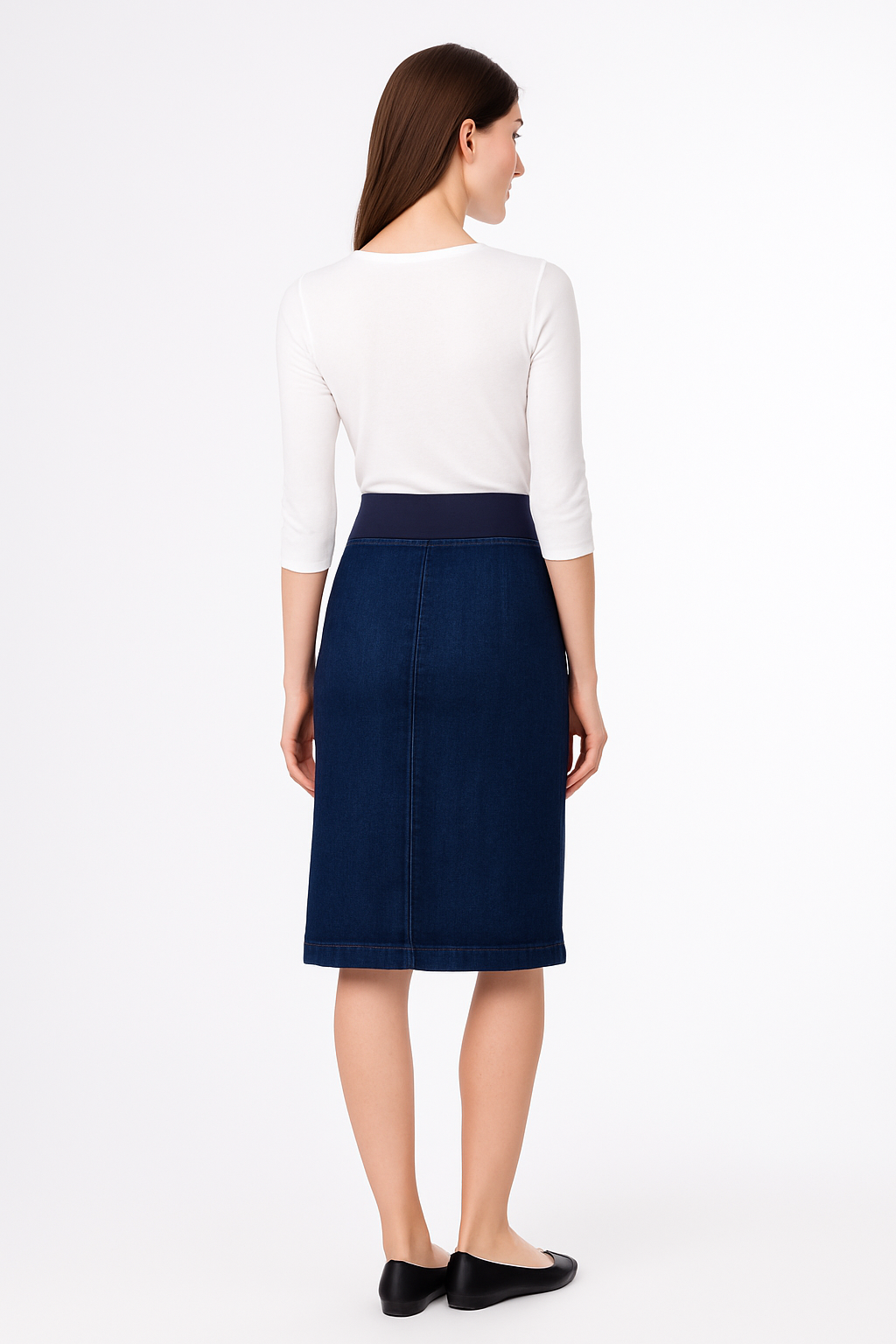 Denim Skirt with Stretch Waistband – Below Knee Length