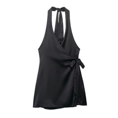 Women Clothing Women Silk Satin Texture Hanging Collar Dress