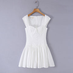 Sweet Romantic Gentle First Love Slim White Dress Design Square Neck Cinched Pettiskirt Dress