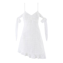 Summer Fairy Ribbon White Plaid See through Strap Dress