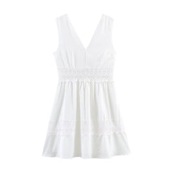 Women Clothing Summer Slim Waist Lace Short Stitching Dress