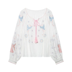 Women Clothing at Lantern Sleeve Tassel Embroidered Top