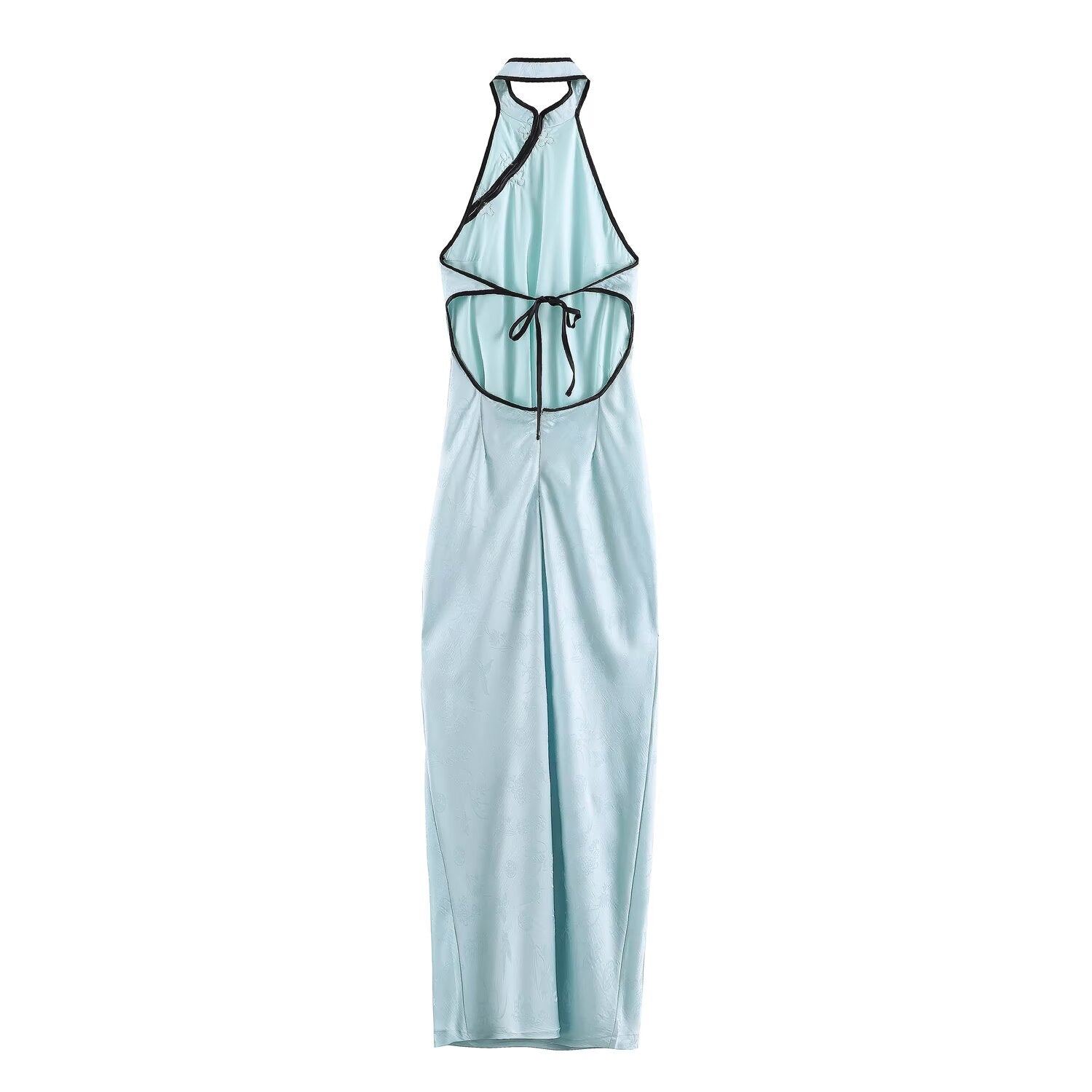 Women Clothing Cold Feeling Dark Pattern Jacquard Halter Improved Cheongsam Long Slimming Dress
