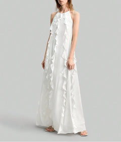 Women Clothing Summer Strap Backless Ruffled Chiffon Sexy Dress Sweet Bandage Dress Maxi Dress