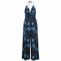 Bohemian Halter Jumpsuit Women Summer Printed High Waist Wide Leg Pants Seaside Vacation Jumpsuit