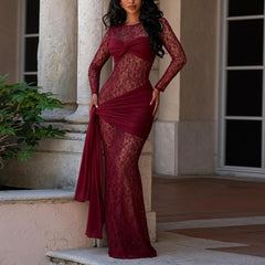 Women Wear Sexy round Neck Lace Slim Fit Long Sleeved Dress