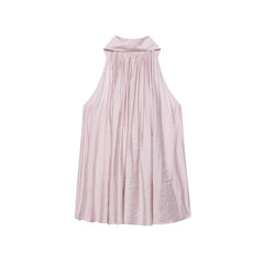 Satin Halter Sleeveless Top Pleated Relaxed Sense A line Shirt