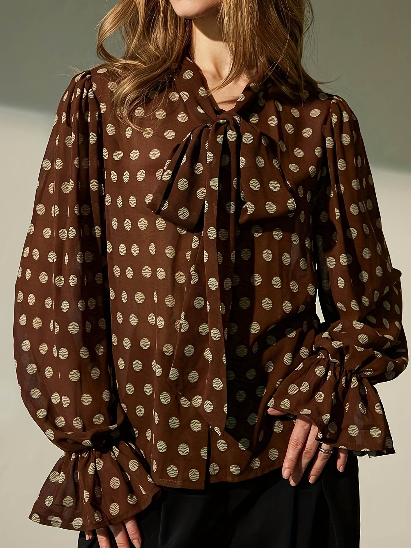 Women Clothing French Minority Vintage Ribbon Lantern Sleeve Casual Polka Dot Women Top