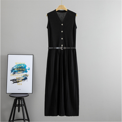 Summer Wear French Sleeveless Knitted Vest Pleated Elegant Dress Belt Cinched Slimming Maxi Dress Women