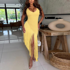 Women Sexy Strap Backless Tassel Stitching U Neck Dress