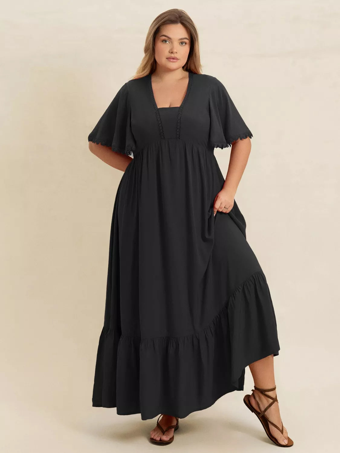 Boho Ruffled Maxi Dress with Flutter Sleeves