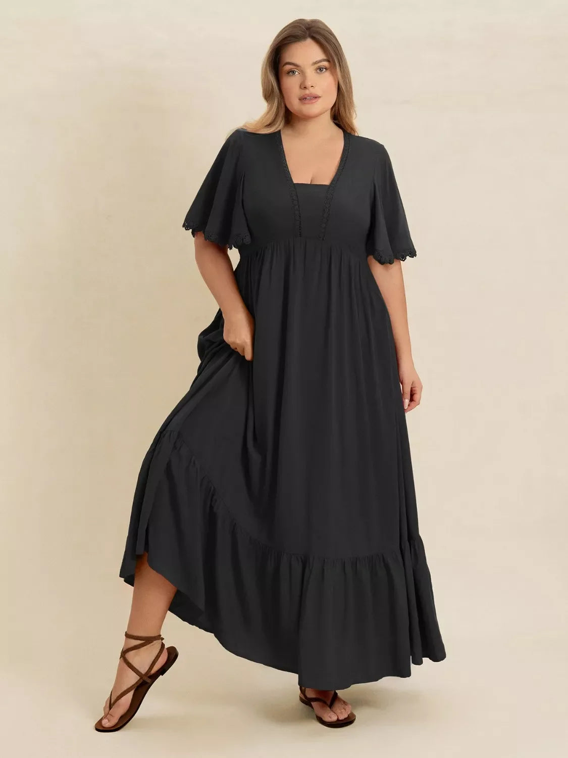 Boho Ruffled Maxi Dress with Flutter Sleeves