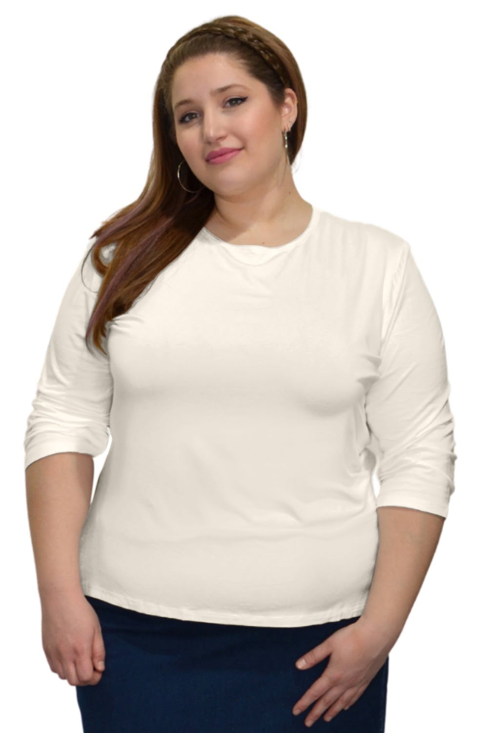 Plus Size - Essential 3/4 Sleeve Modest Crew Neckline Shell - Versatile Layering Top