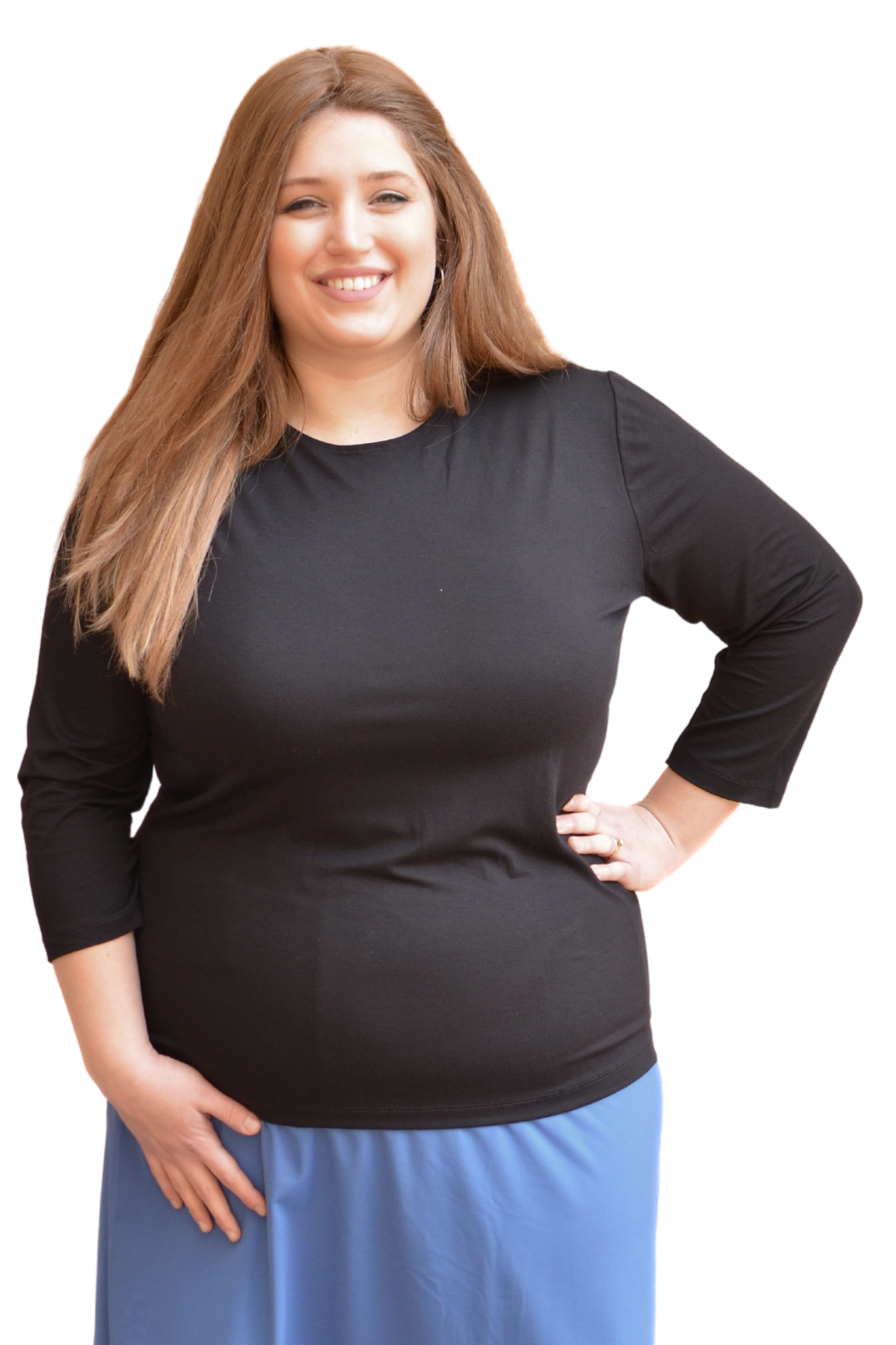 Plus Size - Essential 3/4 Sleeve Modest Crew Neckline Shell - Versatile Layering Top
