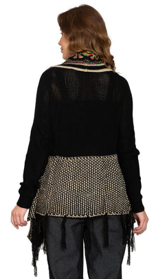 Women's Open Front Fringed Jacquard Weave Long Cardigan