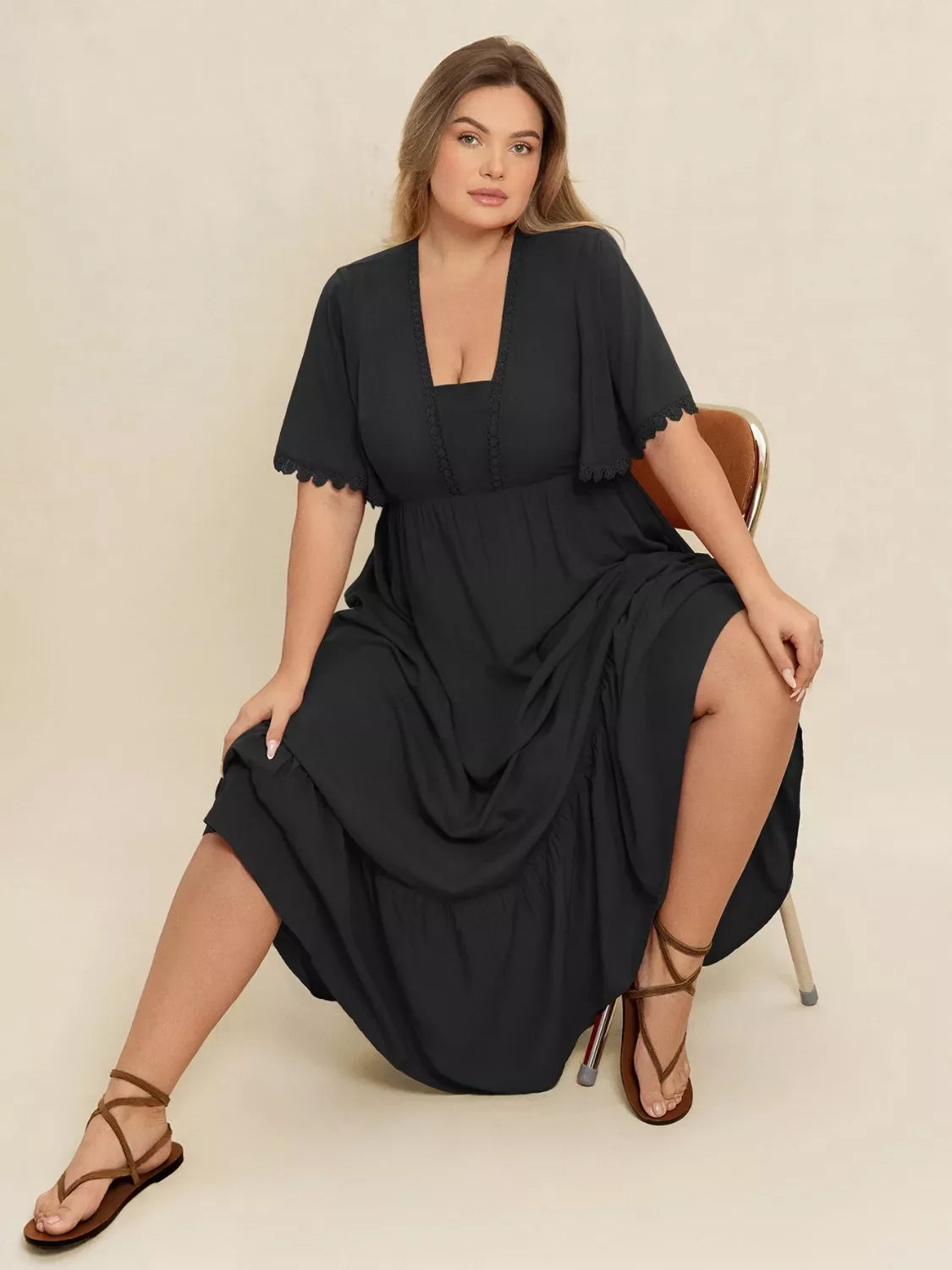 Boho Ruffled Maxi Dress with Flutter Sleeves