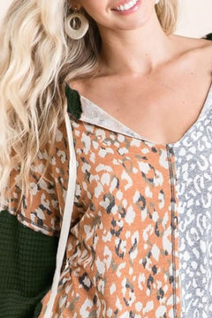 BiBi Popcorn Waffle Knit Hoodie with Print Block Front