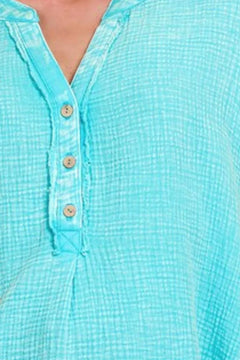 Zenana Washed Double Gauze 3/4 Button Henley Neck Shirt
