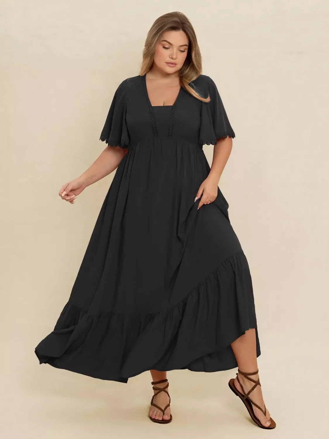 Boho Ruffled Maxi Dress with Flutter Sleeves