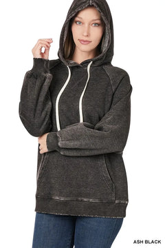Zenana Acid Wash Fleece Hoodie with Drawstring