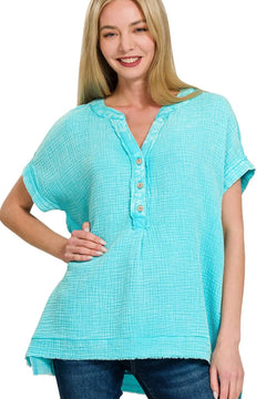 Zenana Washed Double Gauze 3/4 Button Henley Neck Shirt