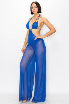 Bikini Top And Mesh Wide Pant Jumpsuit