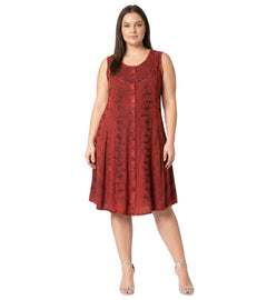 Sakkas Maya Midi Floral Embroidered Sleeveless Button Up Rayon Dress