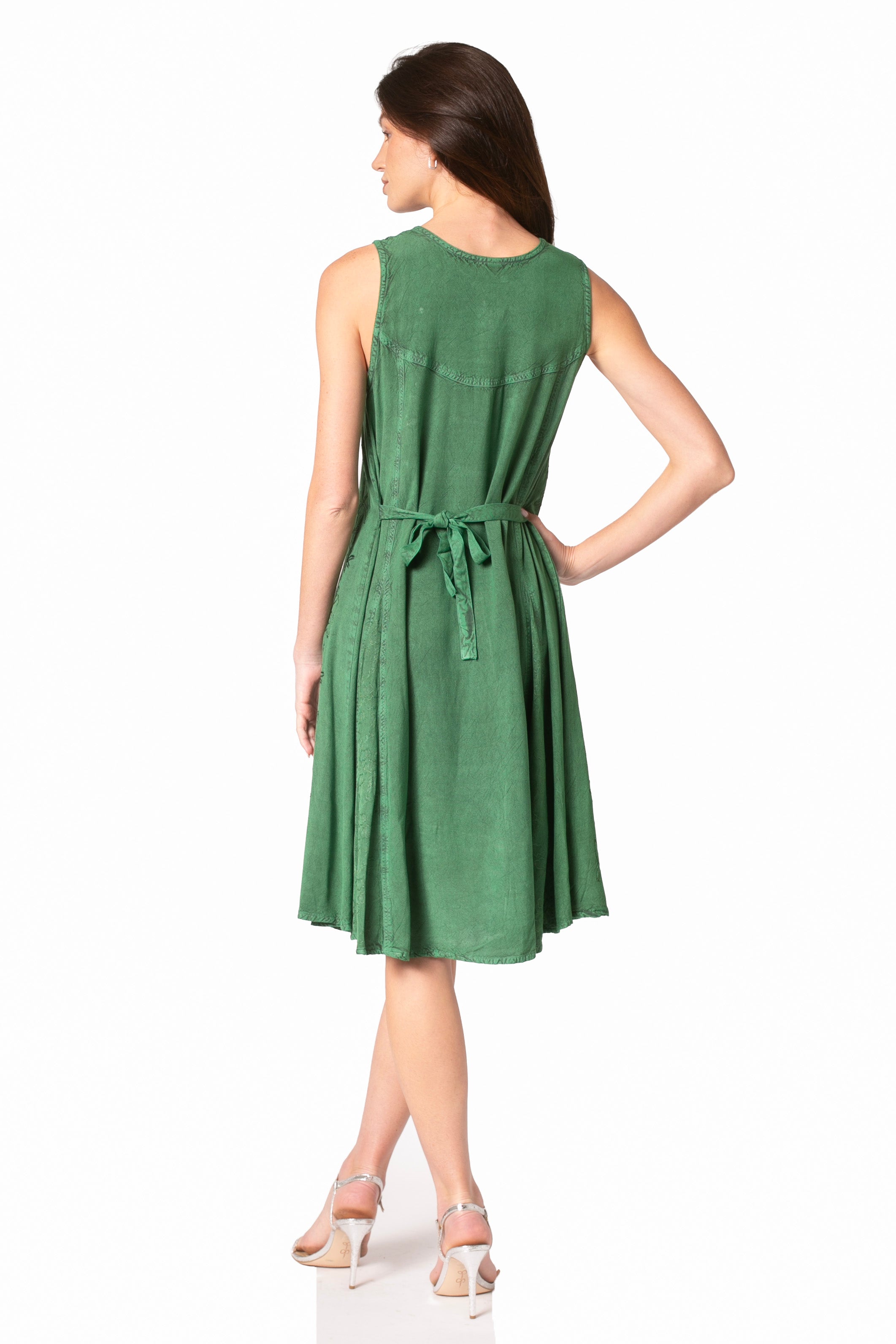 Sakkas Maya Midi Floral Embroidered Sleeveless Button Up Rayon Dress