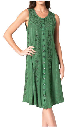Sakkas Maya Midi Floral Embroidered Sleeveless Button Up Rayon Dress