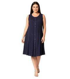 Sakkas Maya Midi Floral Embroidered Sleeveless Button Up Rayon Dress