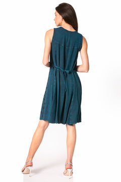 Sakkas Maya Midi Floral Embroidered Sleeveless Button Up Rayon Dress