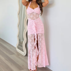 Elegant Halterneck Suspenders Lace Long Dress Women Clothing Autumn Winter