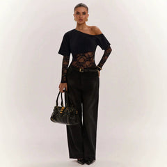 Sexy One Piece Cropped Outfit Slim Lace Stitching Long Sleeve Top