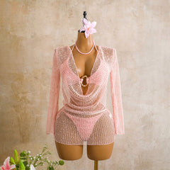 Swing Collar Special Sequ Long Sleeve Mesh Three Piece Swimsuit Bikini