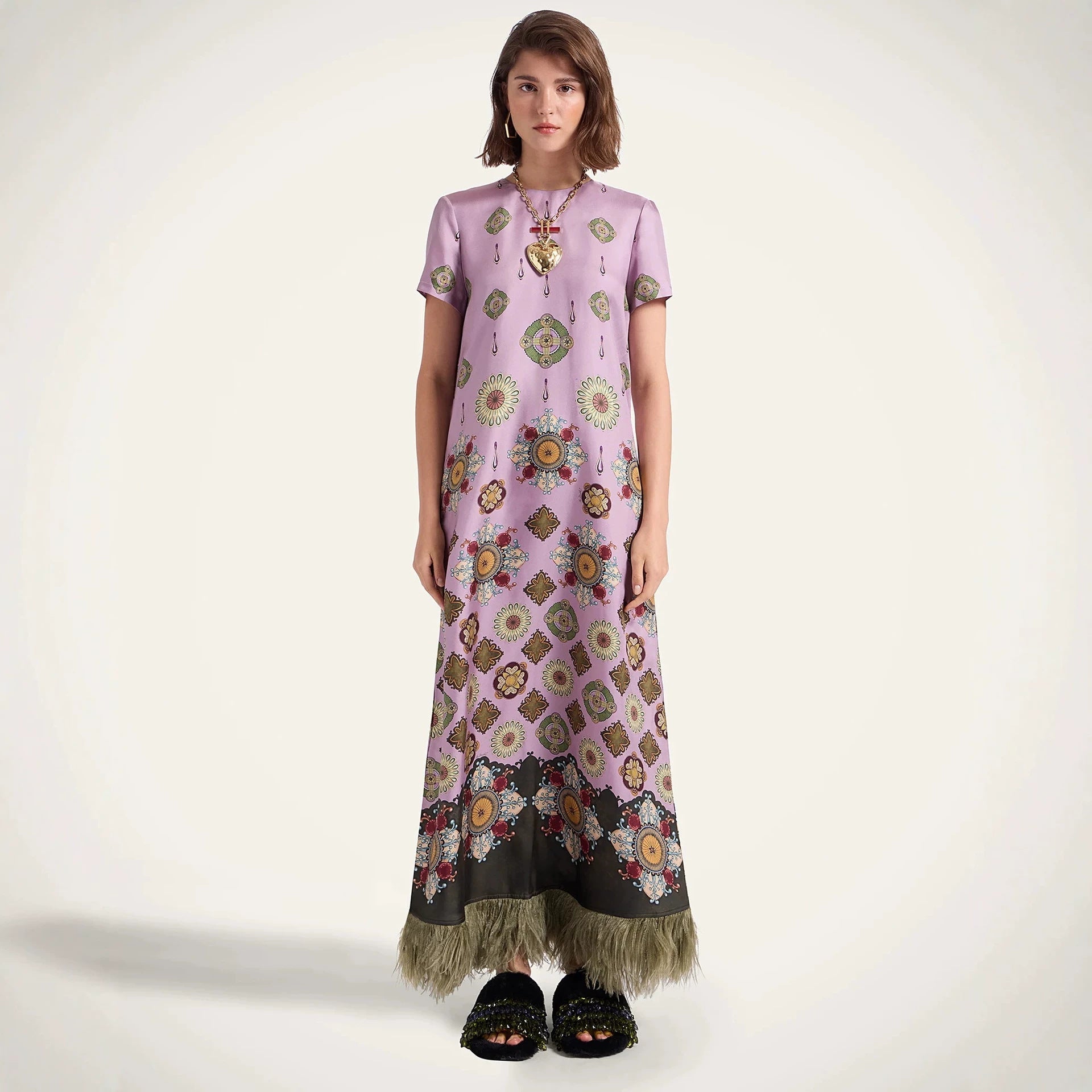 Spring Summer Satin Positioning Printed Feather Dress Short Sleeve Loose Dress for Women