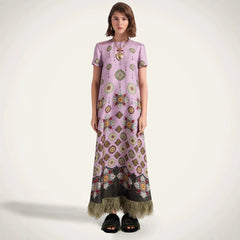 Spring Summer Satin Positioning Printed Feather Dress Short Sleeve Loose Dress for Women