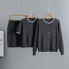 Round Neck Jacquard Contrast Color Cardigan Long Sleeve Patchwork Knitting Top Short Sleeve Top Slimming Short Skirt Three Piece Sets Women
