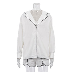 Women Clothing Shirt Casual Simple Polo Collar Long Sleeve Cardigan Top Shorts Two Piece Set