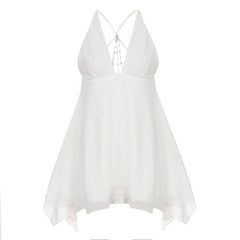 Butterfly Backless Pearl Chain Stitching Sexy V neck Halter Irregular Asymmetric Chiffon Dress Short Dress