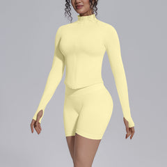 Seamless Knitted Long Sleeve Zipper Yoga Jacket Tight V Waist Yoga Shorts Fitness Yoga Wear Set for Women