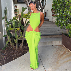 Women Clothing Summer Solid Color Sexy Elegant Sleeveless Sling Bare Back Pleated Slim Dress