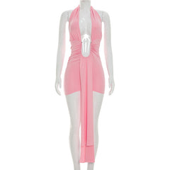 Women Clothing Summer Solid Color Casual Sleeveless Deep V Plunge Ribbon Halter Lace up Short Dress