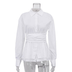 Casual Lace up Shirt Women Simple Collared Long Sleeve Cardigan Shirt French Top