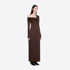 Spring Dark Brown One Shoulder Dress Pleated High Slit Maxi Dress the Dinner Party Host