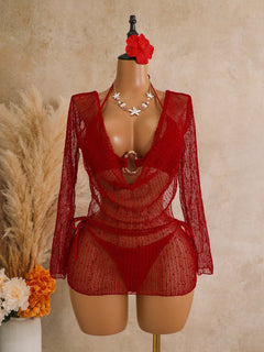 Swing Collar Special Sequ Long Sleeve Mesh Three Piece Swimsuit Bikini